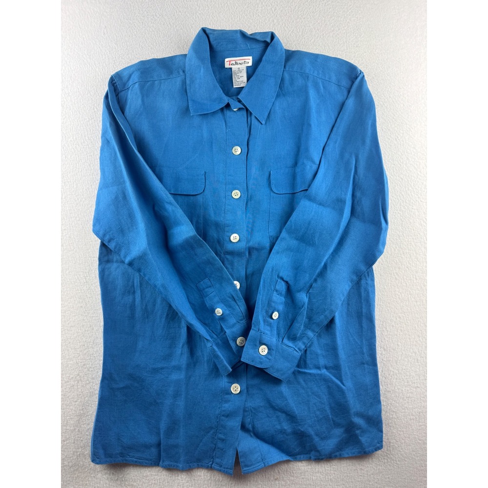 Talbots Womens Blue 100% Linen Button Down Long Sleeve Utility Shirt Size 12